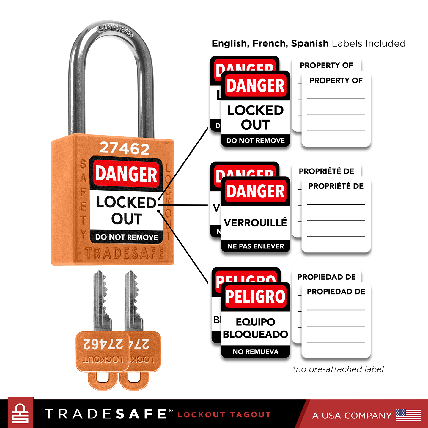 Lockout tagout device with multiple labels in English, French, and Spanish