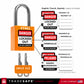 Lockout tagout device with multiple labels in English, French, and Spanish