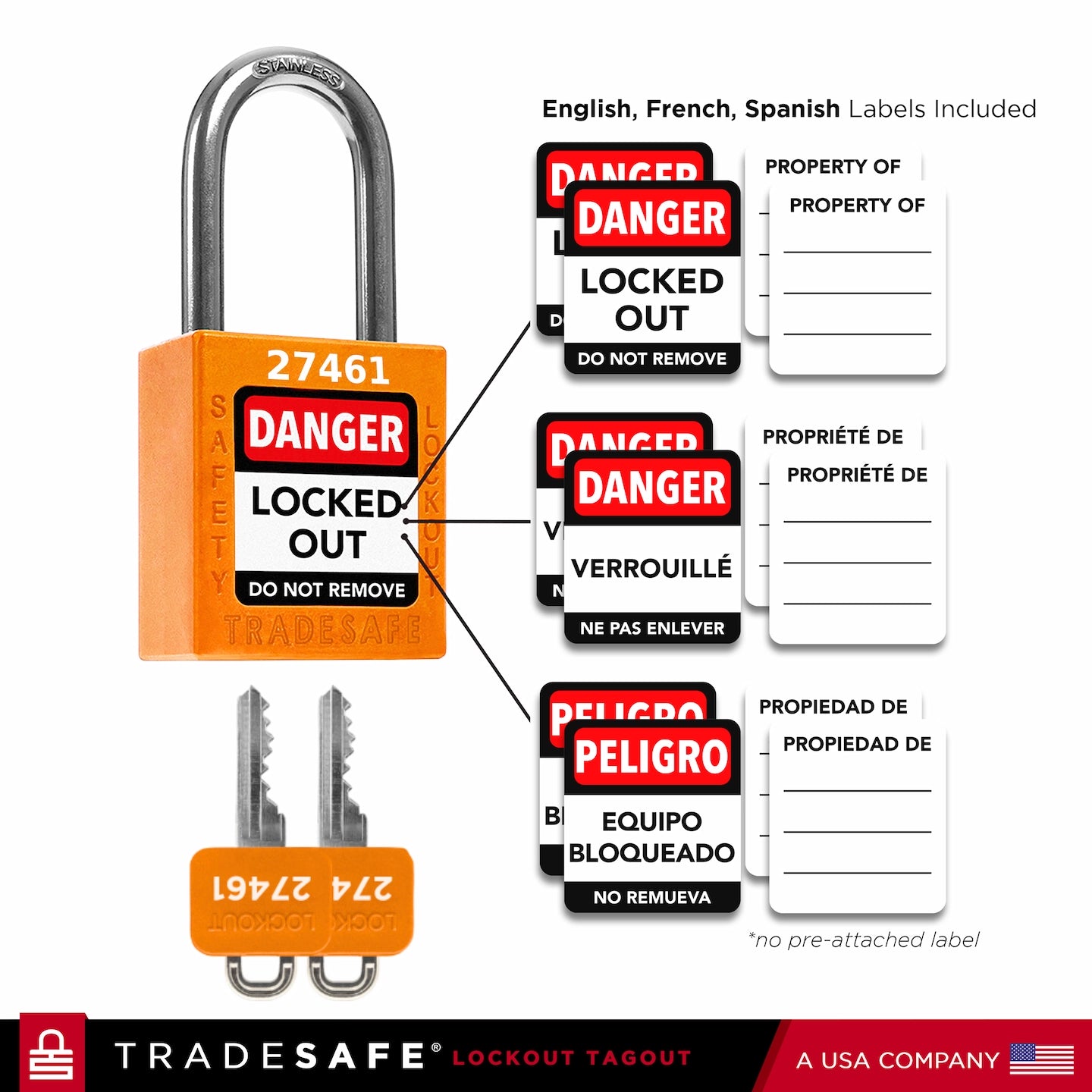 Lockout tagout device with multiple labels in English, French, and Spanish