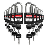 ten black loto padlocks: 2 keys each, unique five-digit code on keys and body