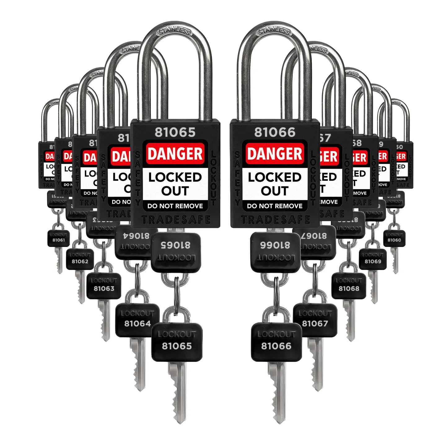 ten black loto padlocks: 2 keys each, unique five-digit code on keys and body