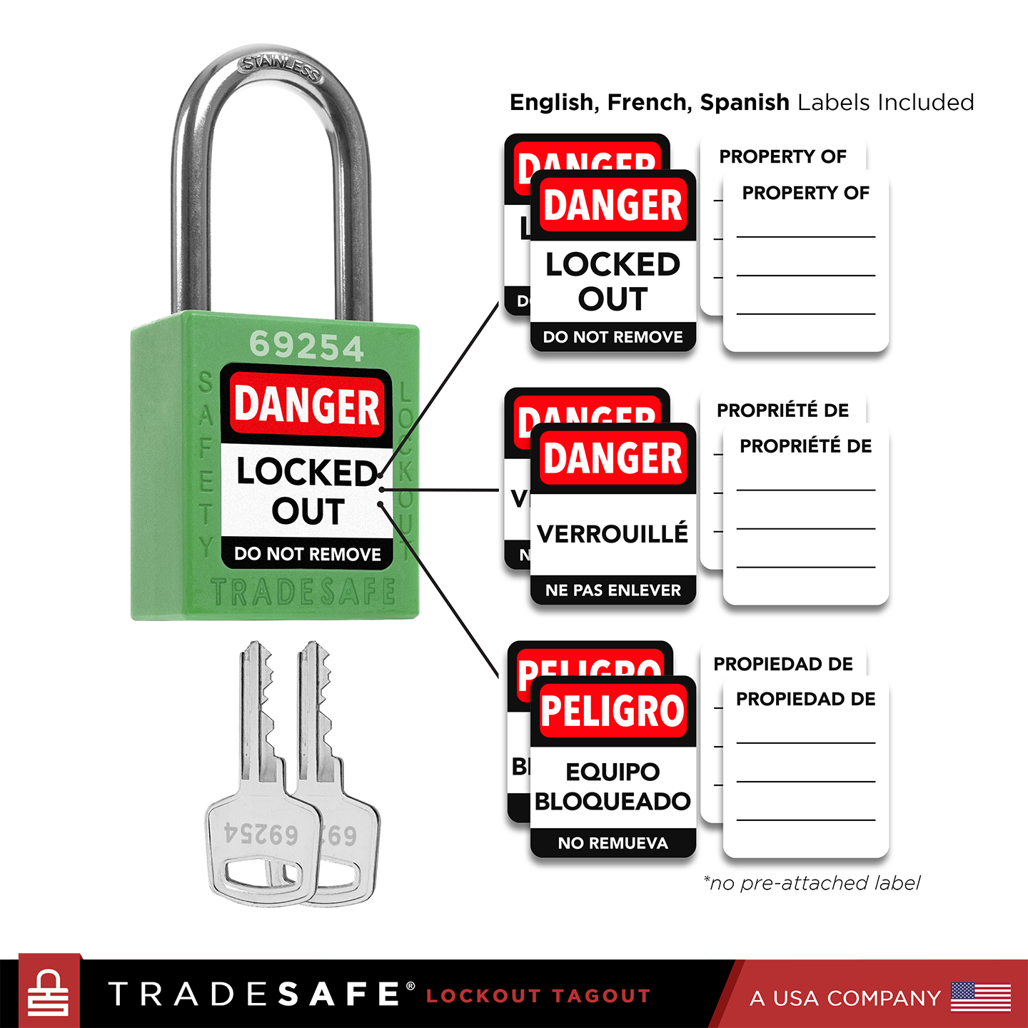Green Keyed Different Lockout Locks - 2 Keys - 10 Pack | TRADESAFE
