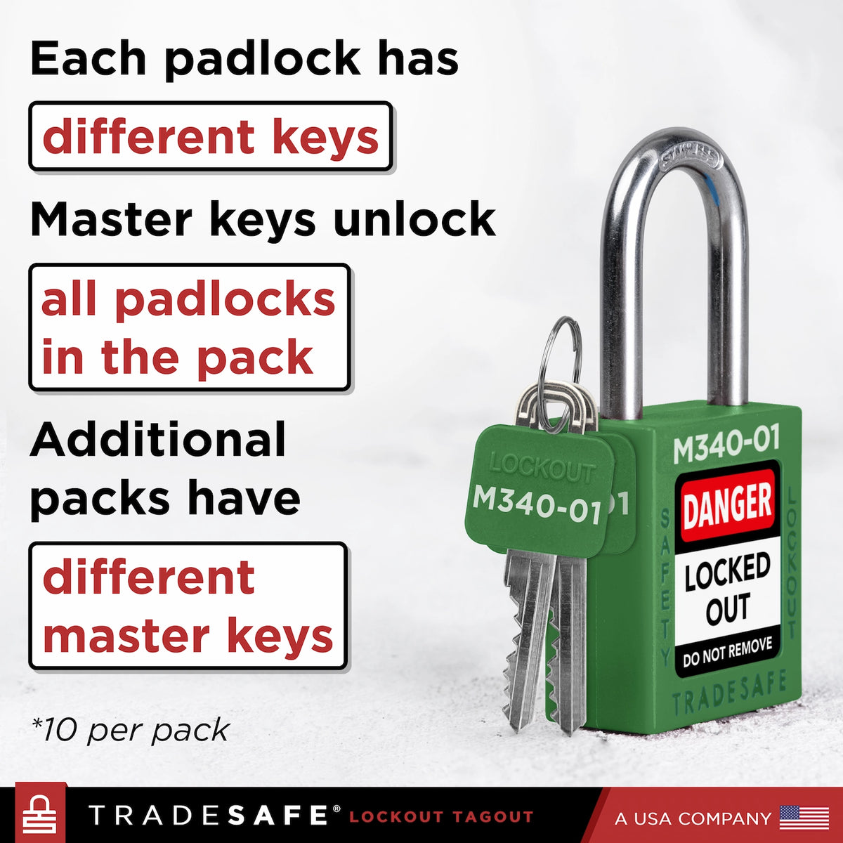 Divided Lock Key 10 Green Master Keyed Lockout Locks - Keyed Different - 2 keys | TRADESAFE