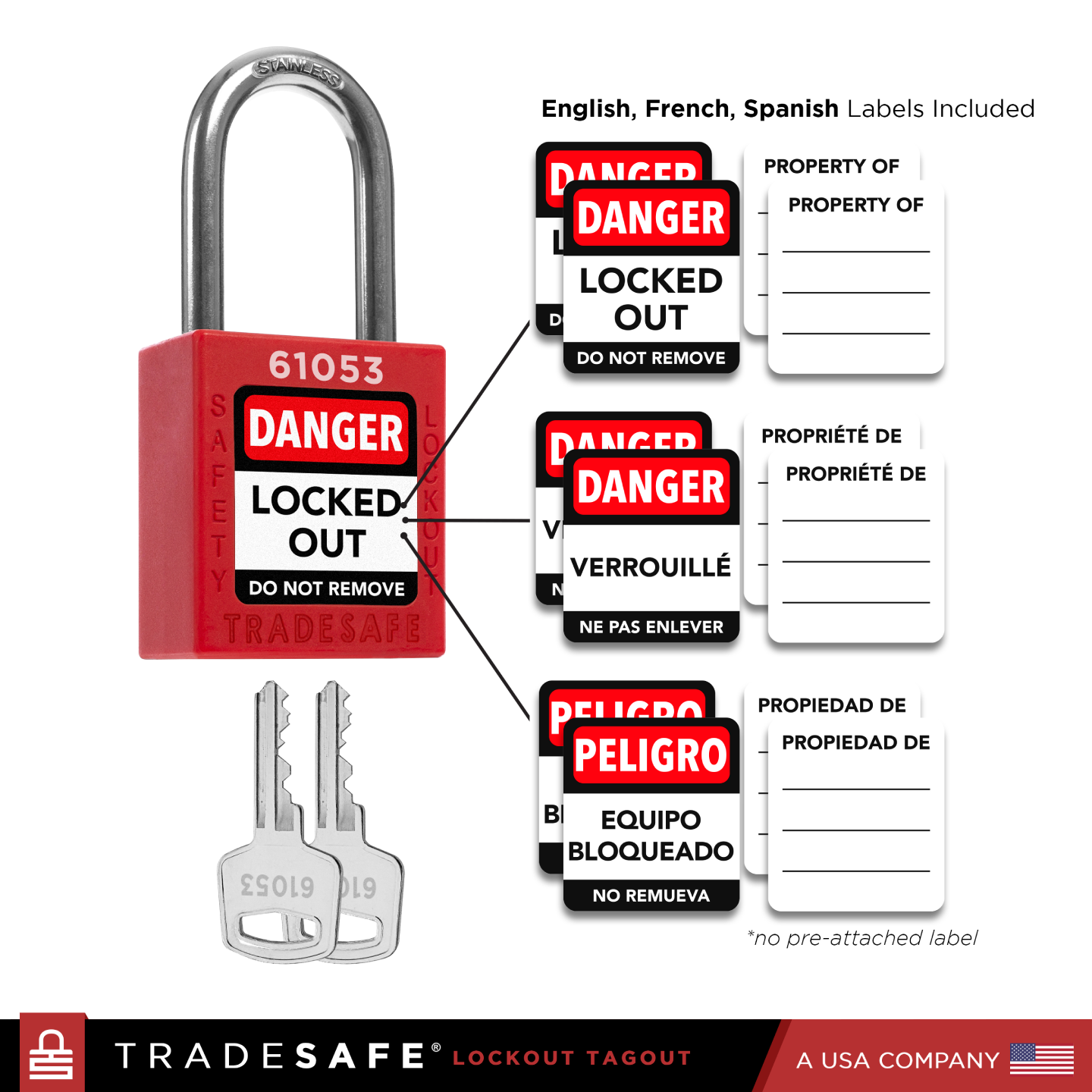 multilingual keyed different padlock 6 sets of labels in english, french, and spanish