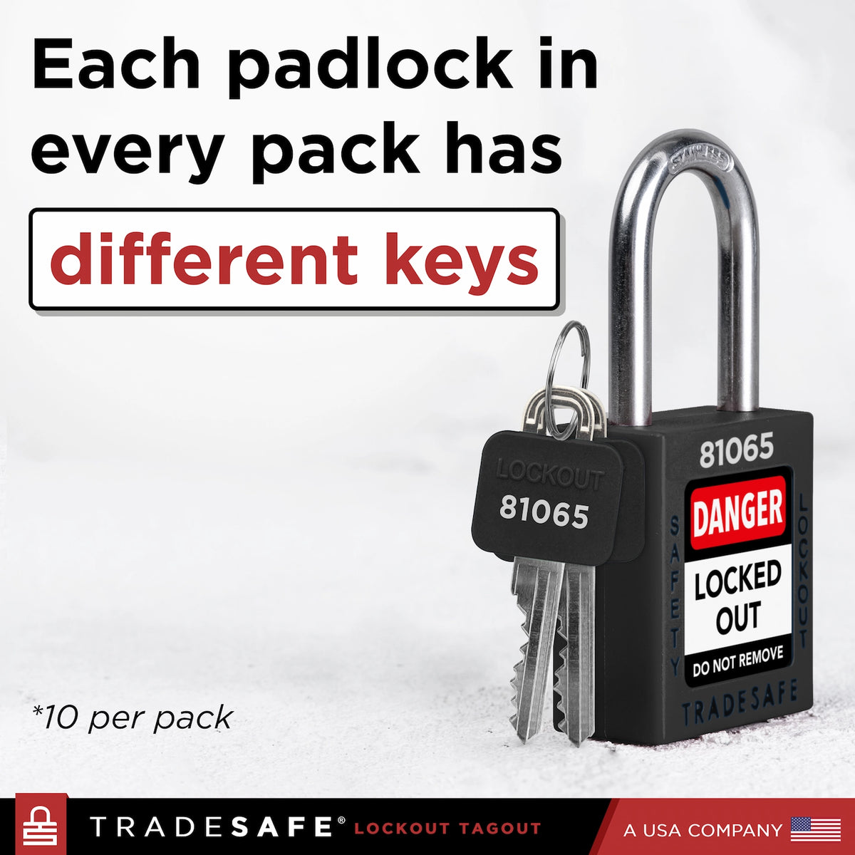 Divide Lock Key Black Keyed Different Lockout Locks - 2 Keys - 10 Pack | TRADESAFE