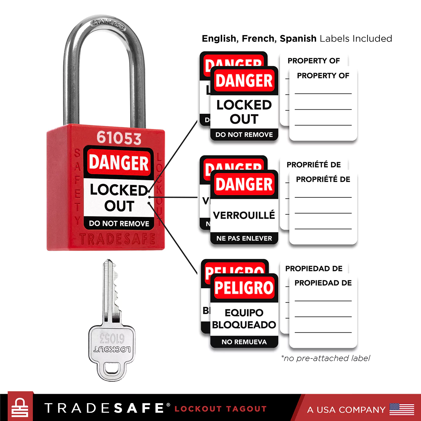 infographic: red loto lock with english, french, spanish labels included