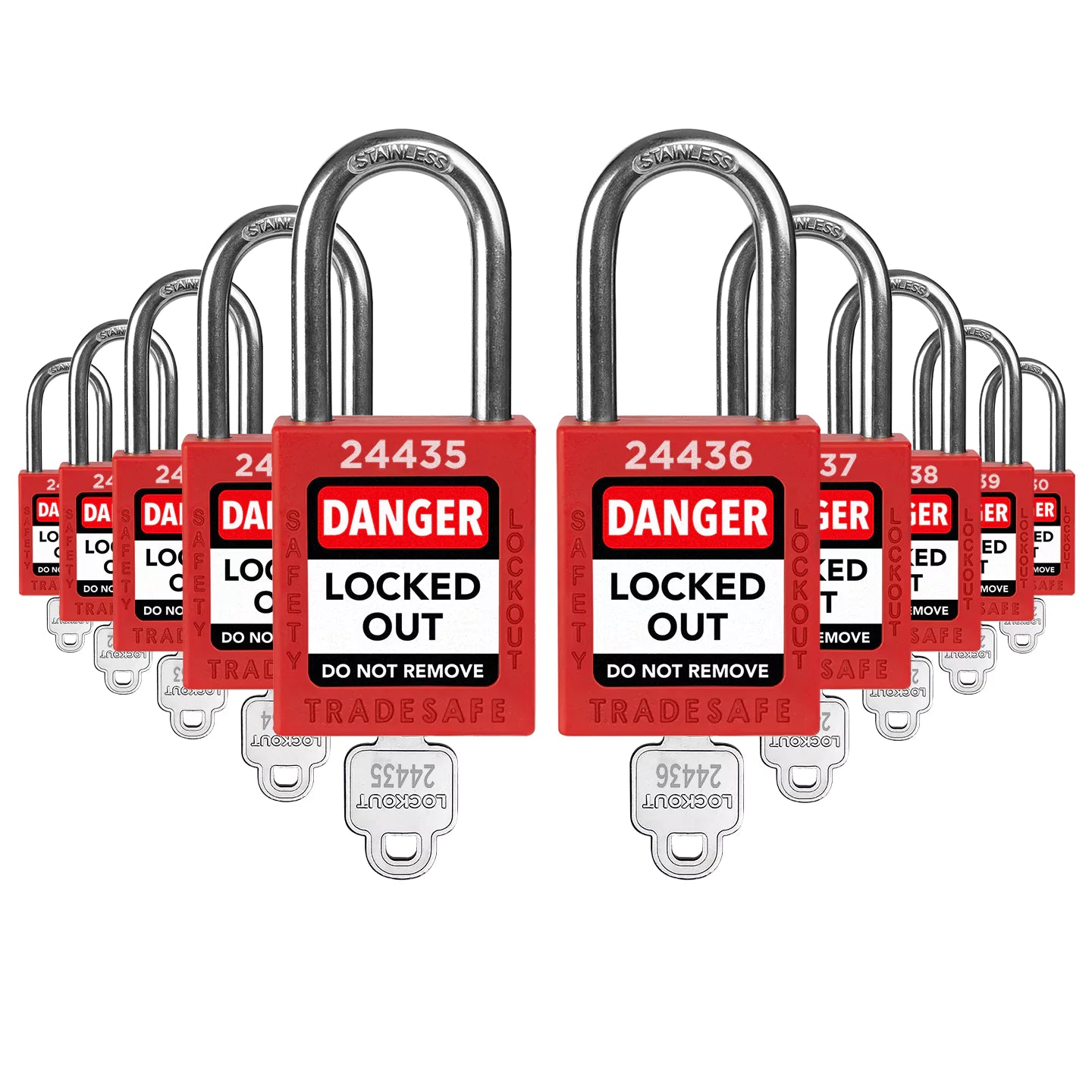 ten red loto padlocks: 1 key each, unique five-digit code on keys and body