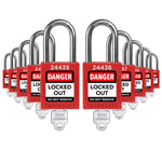 ten red loto padlocks: 1 key each, unique five-digit code on keys and body