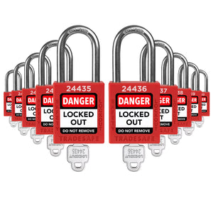 ten red loto padlocks: 1 key each, unique five-digit code on keys and body