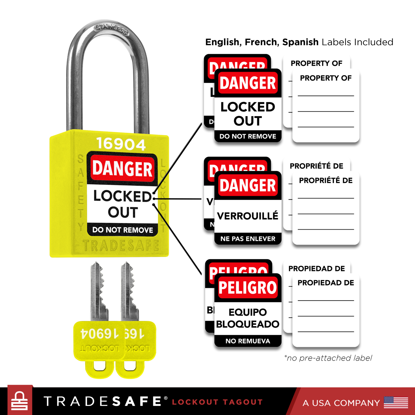 infographic: yellow loto lock with english, french, spanish labels included