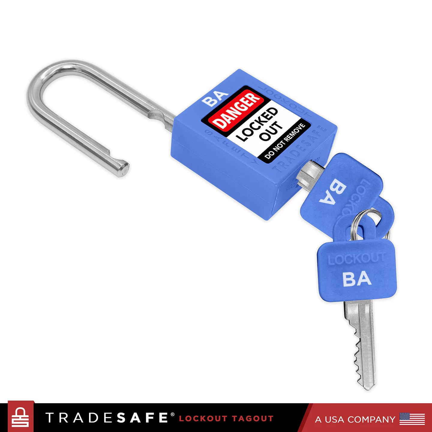 blue lockout tagout lock with 2 keys, 1 key inserted