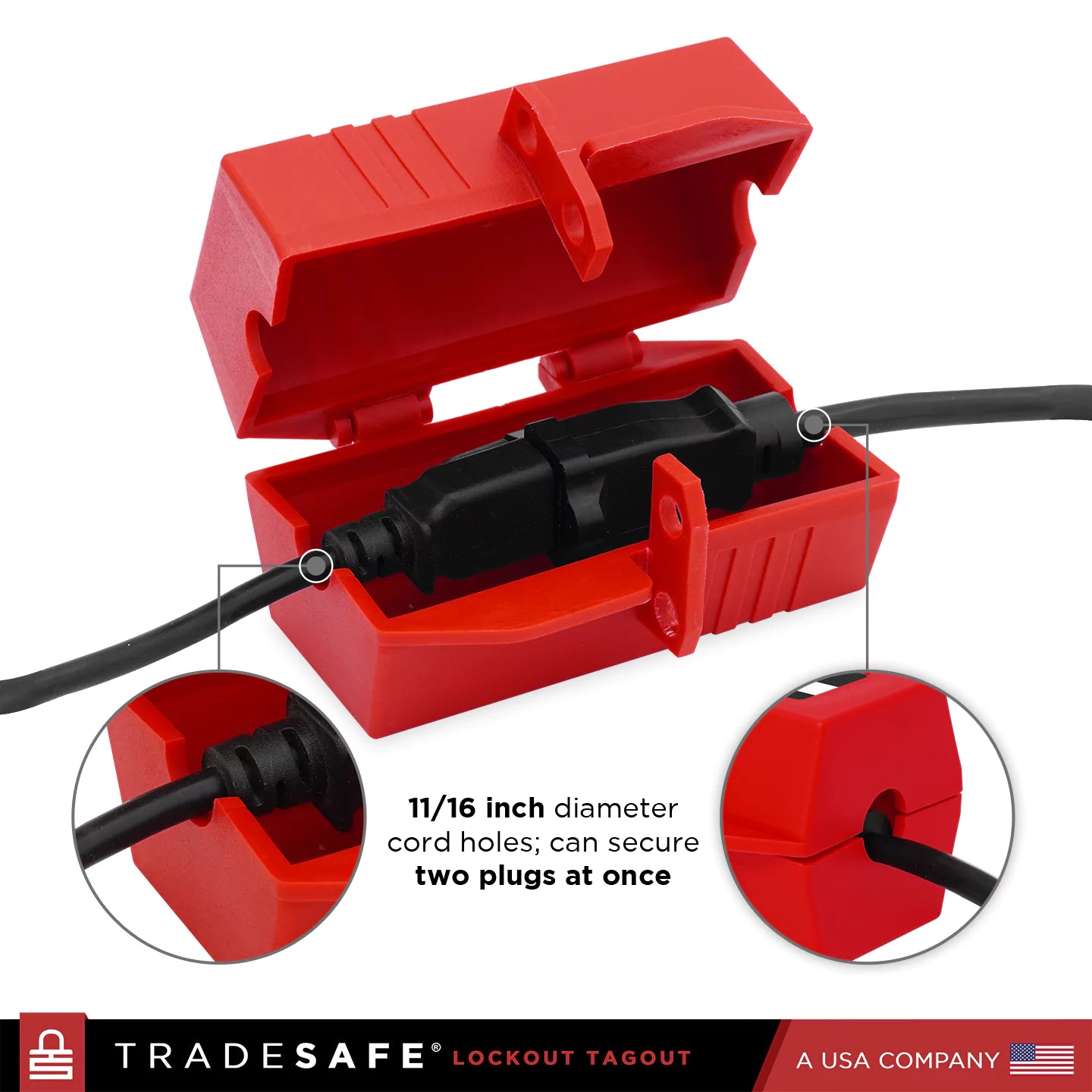 infographic: 11/16 inch diameter cord holes; can secure two plugs at once