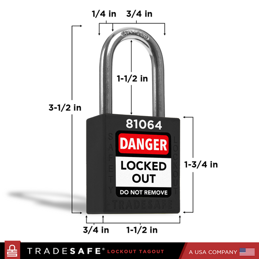 black lockout tagout padlock with dimensions