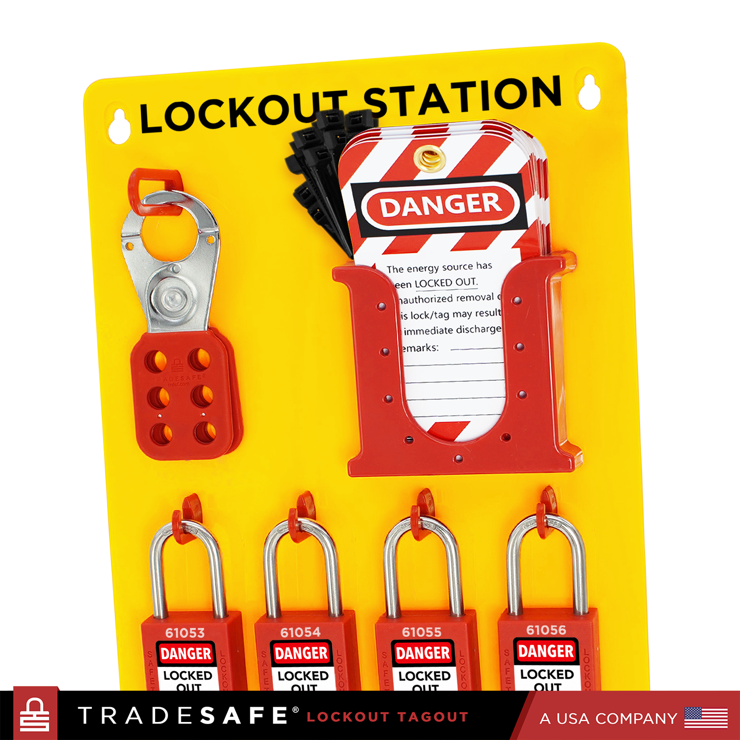 close-up view of loto station board with devices stocked