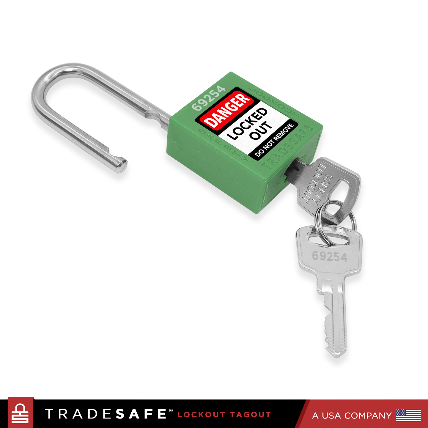 a green loto padlock with 2 keys, 1 key inserted