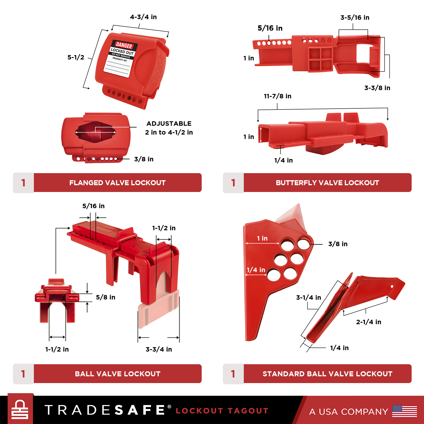 dimensions and quantities of flanged valve, butterfly valve, ball valve, and standard ball valve lockouts