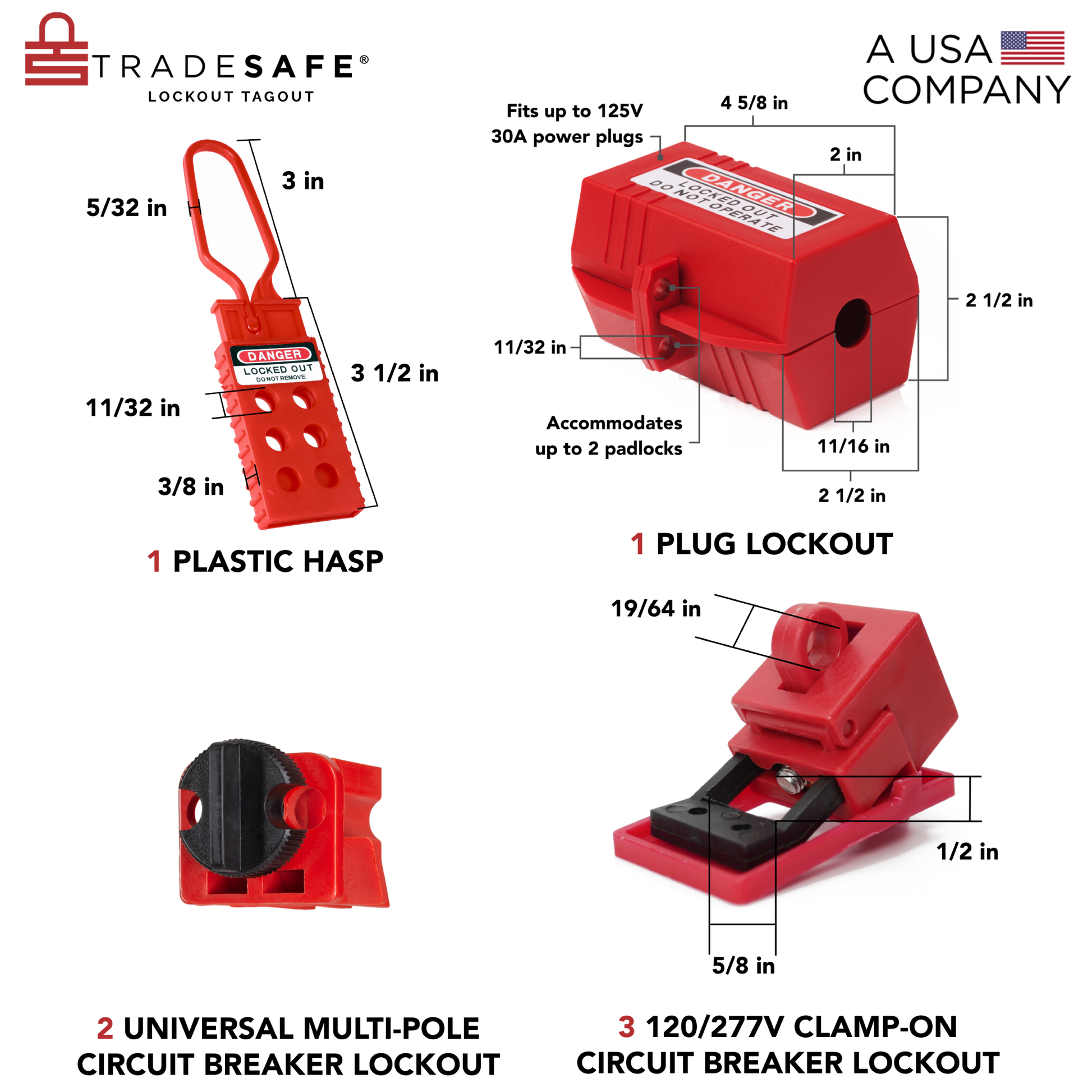 lockout kit with 1 plastic hasp, 1 plug lockout, 2 universal multipole, and 3 120/277v clamp-on circuit breaker lock