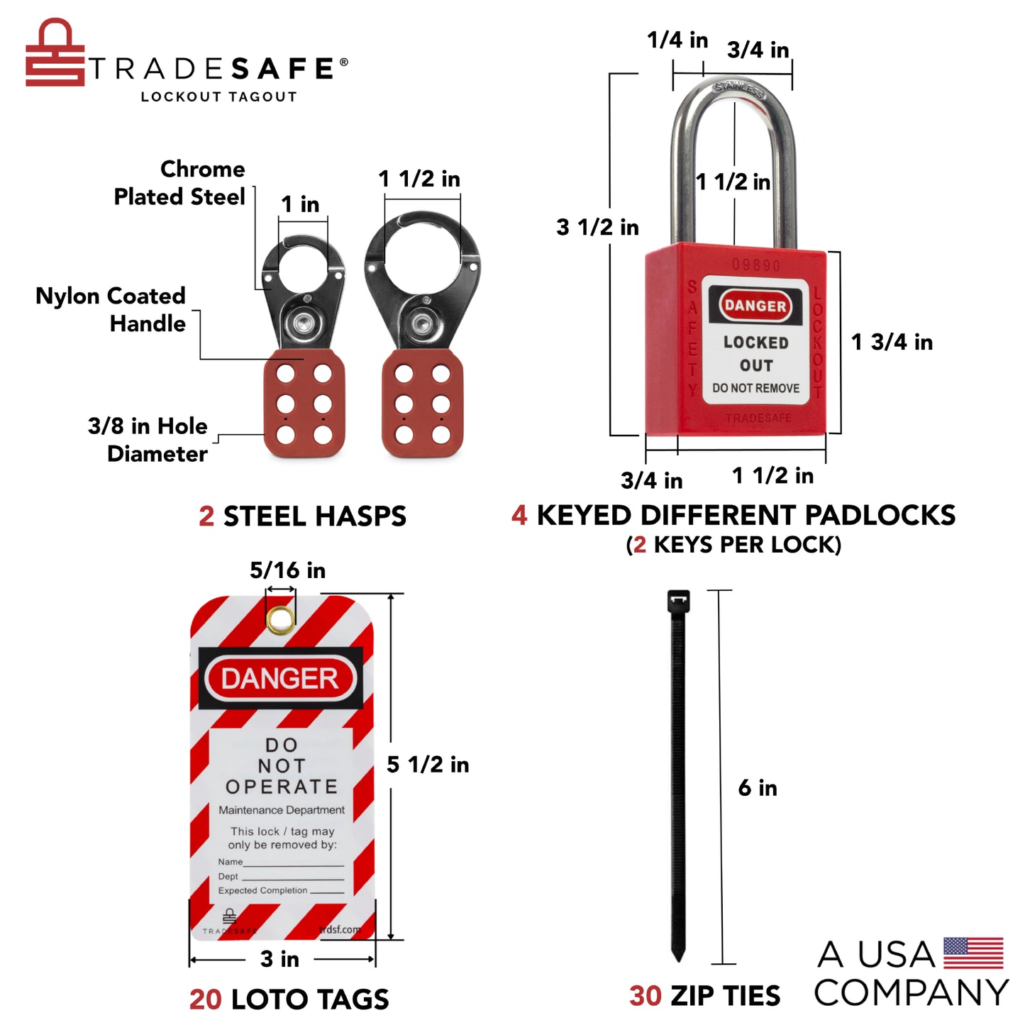 lockout tagout kit showing its quantity and dimensions