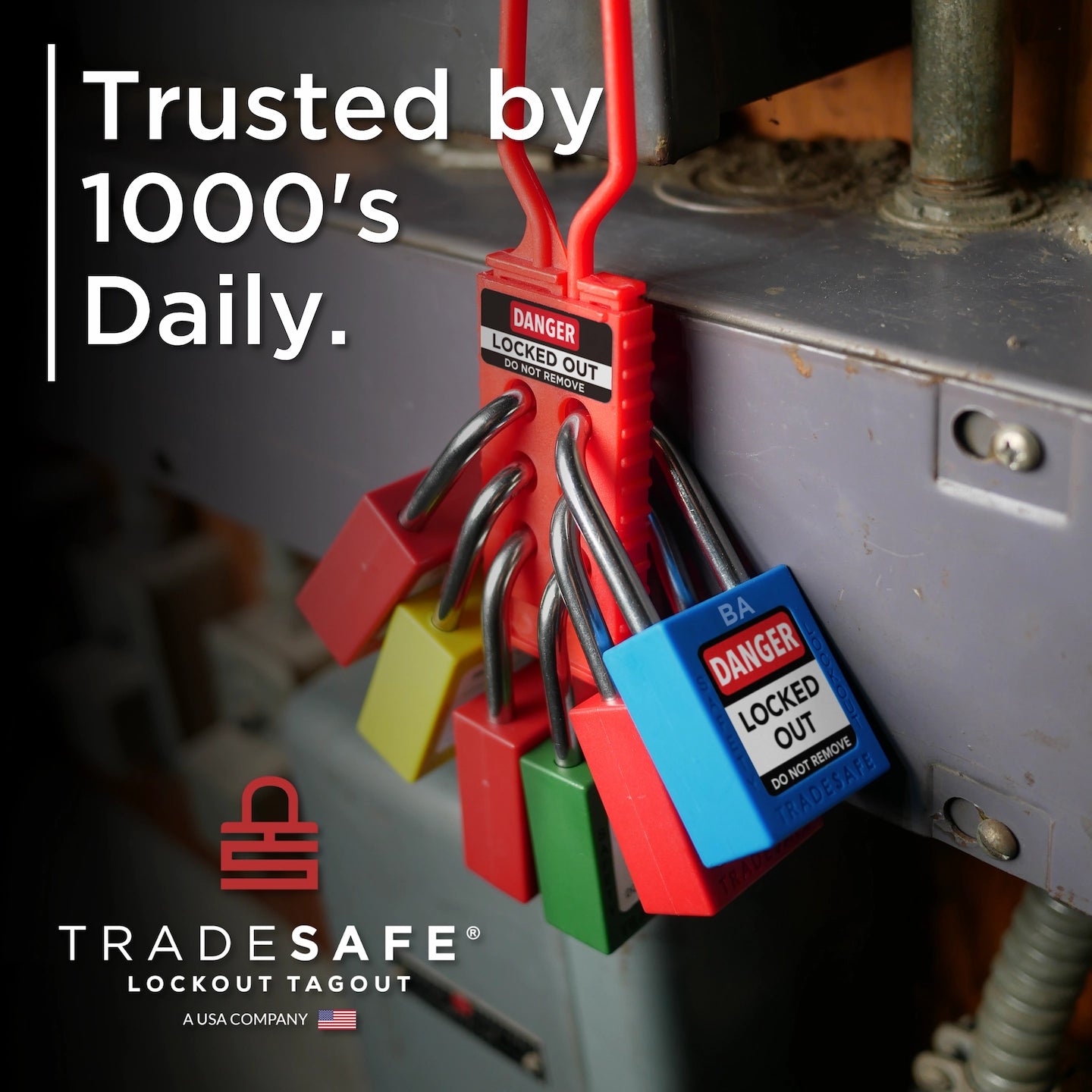 tradesafe: trusted by 1000's daily, loto locks in-use on nylon hasp