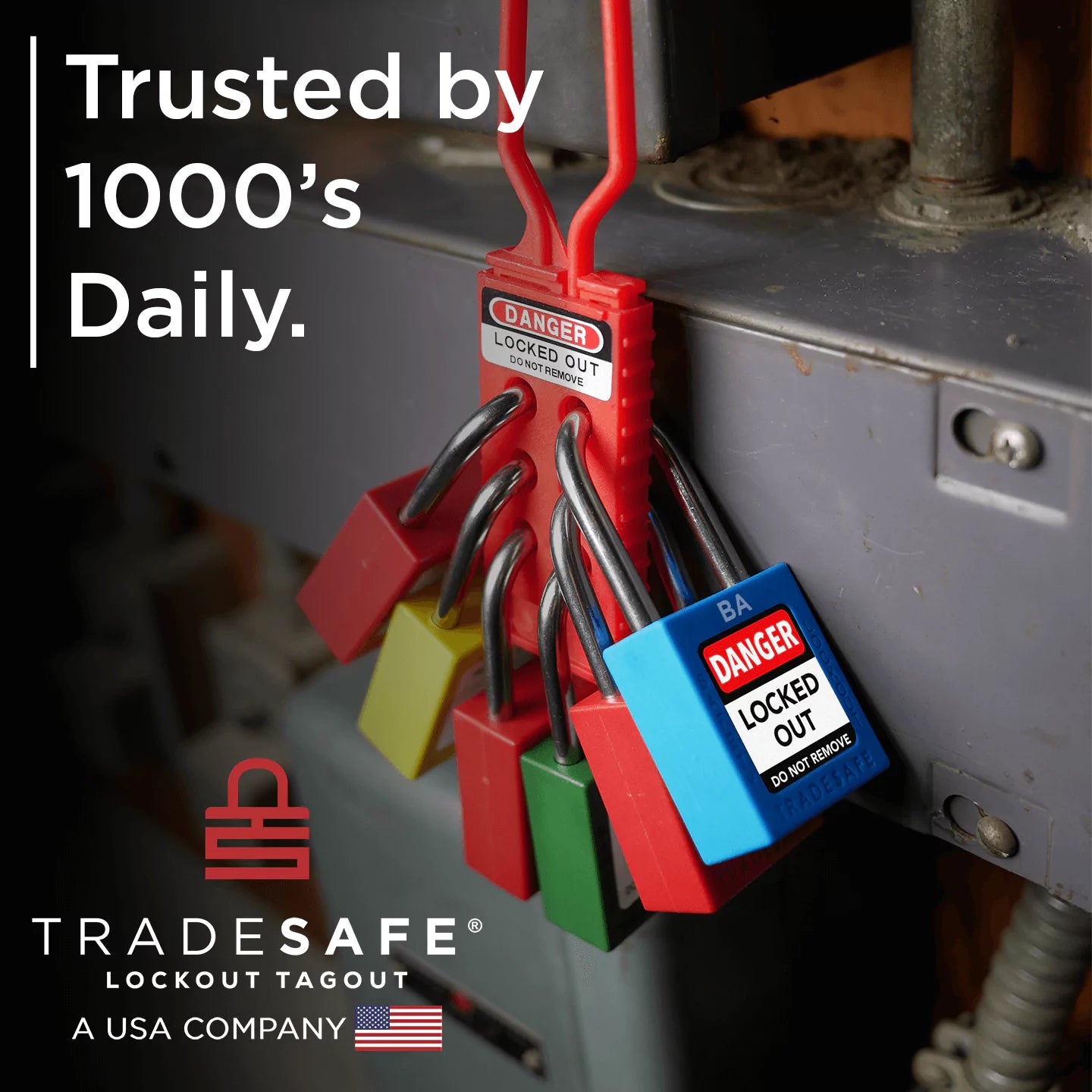 tradesafe: trusted by 1000's daily, loto locks in-use on nylon hasp