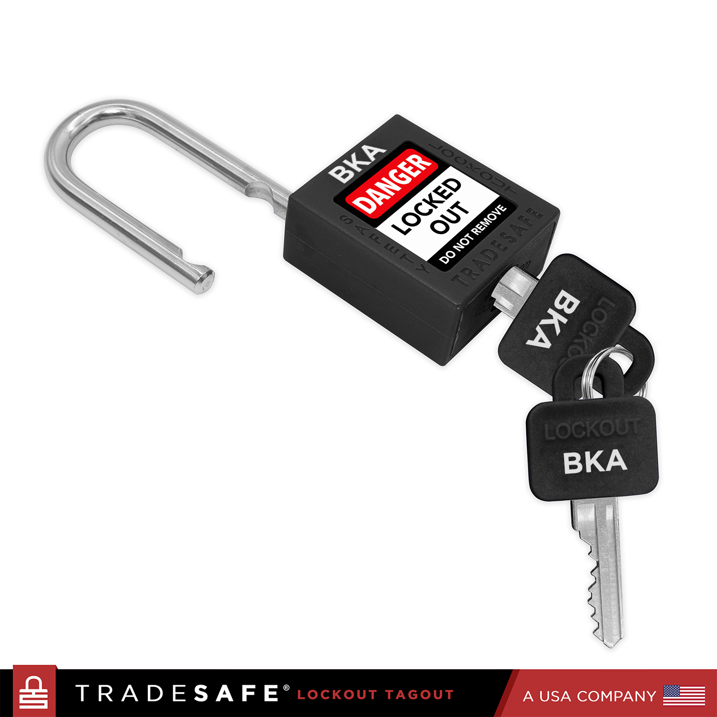 black lockout tagout lock with 2 keys, 1 key inserted