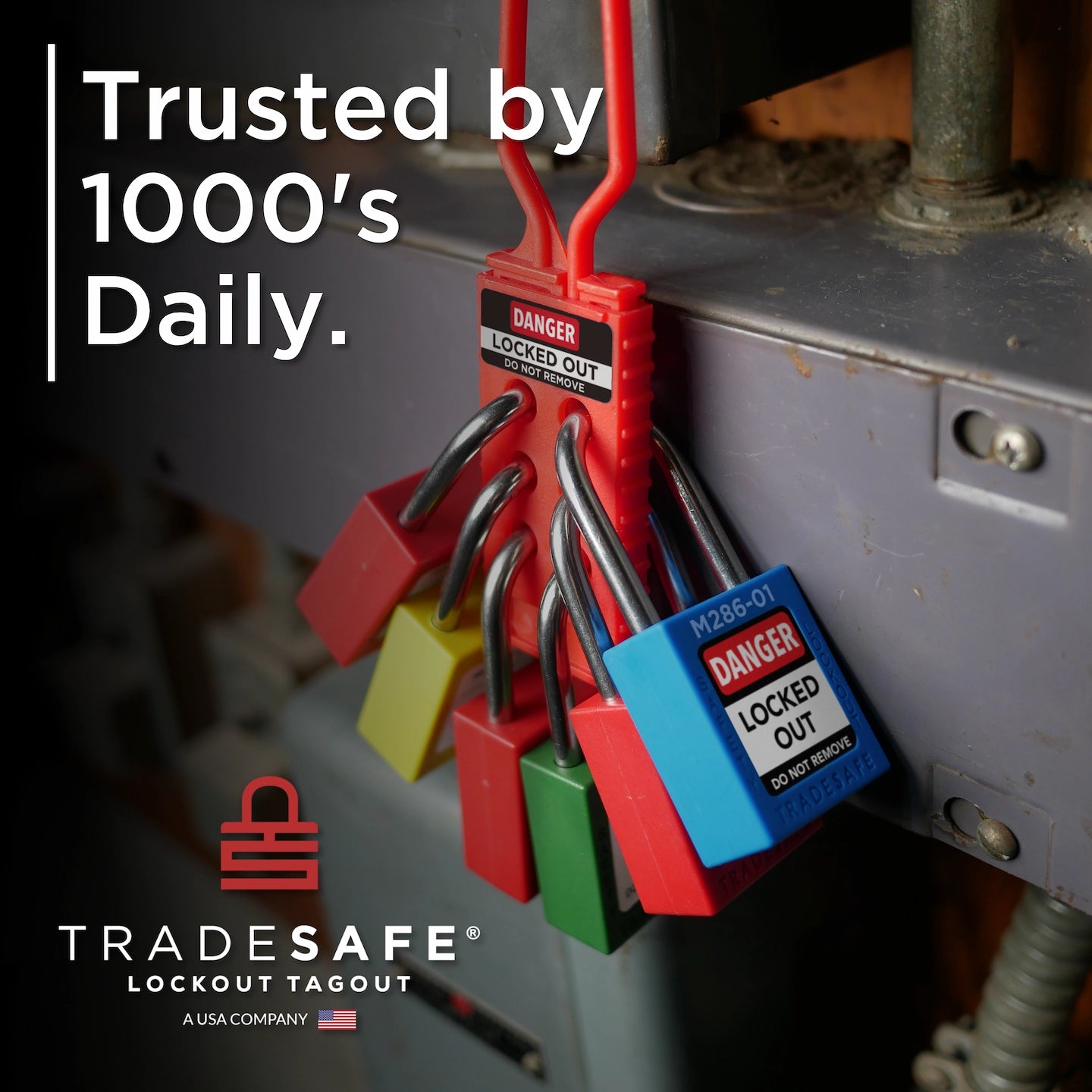 branding: tradesafe different color loto locks in use with nylon hasp
