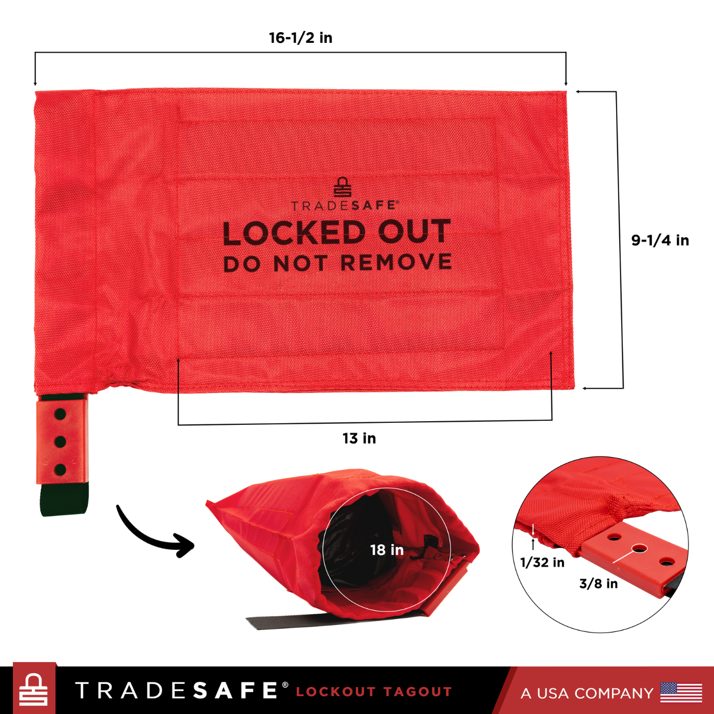 dimensions of a red lockout plug and hoist cover