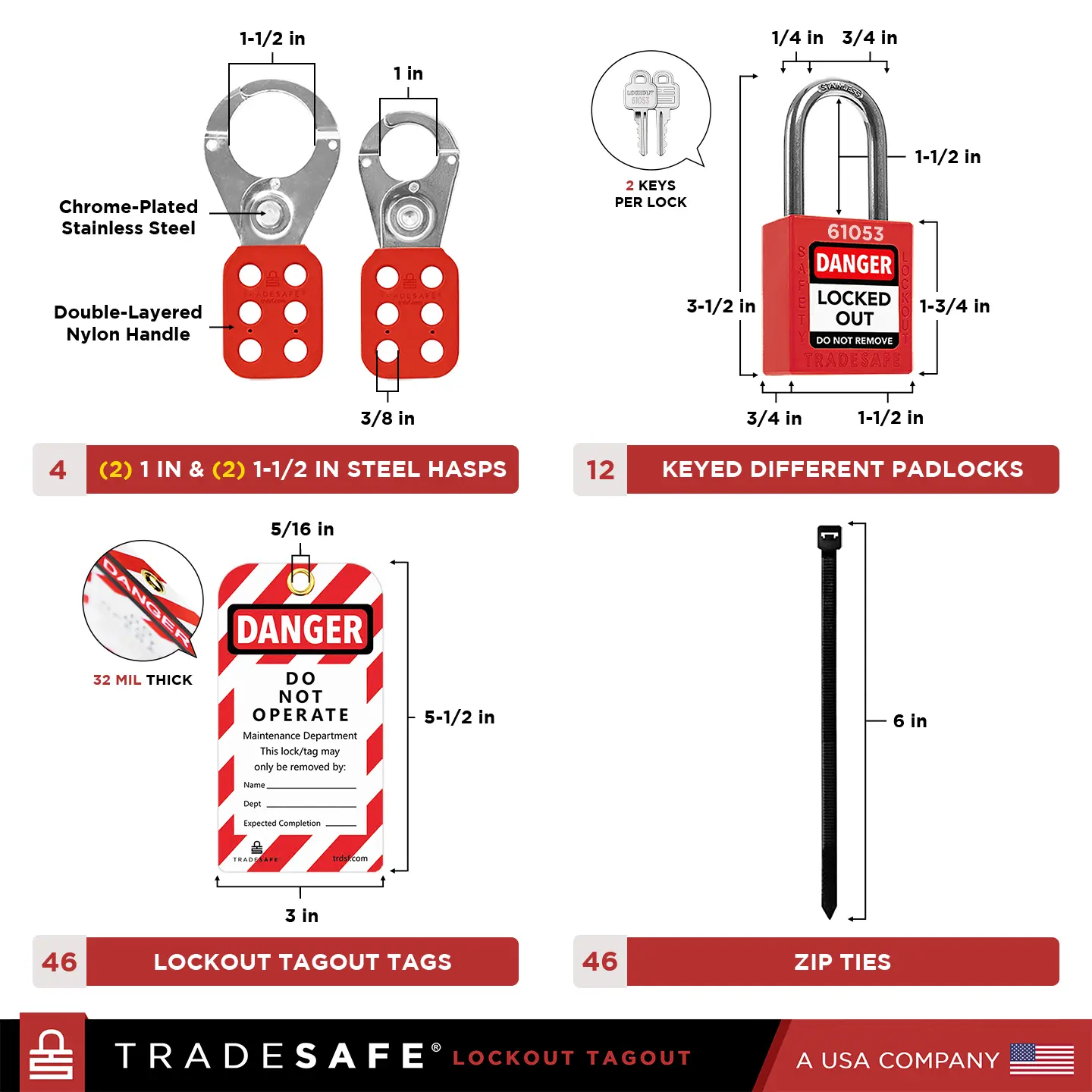 dimensions and quantities of hasps, loto locks, tags and ties