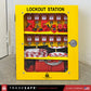 tradesafe steel lockout tagout station cabinet with components and combination lock