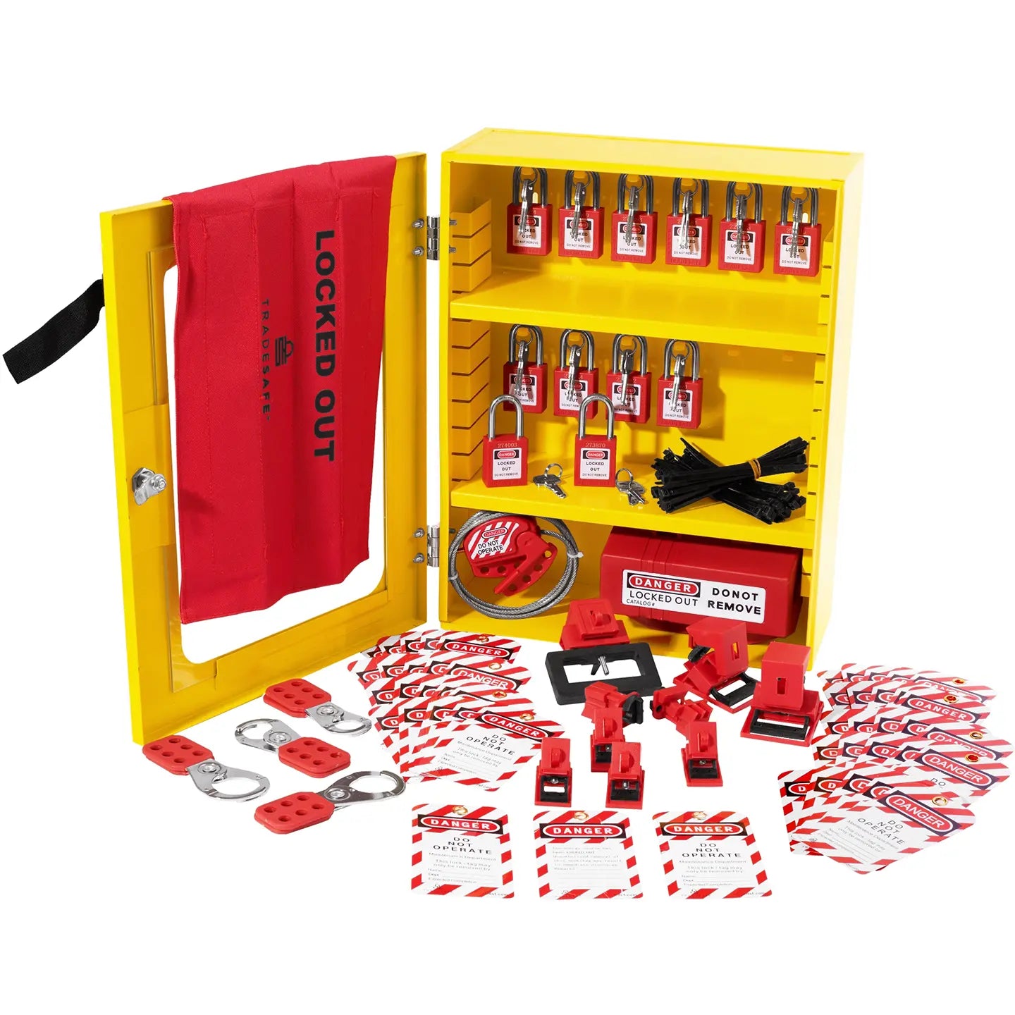 tradesafe lockout tagout station cabinet with keyed different LOTO padlocks