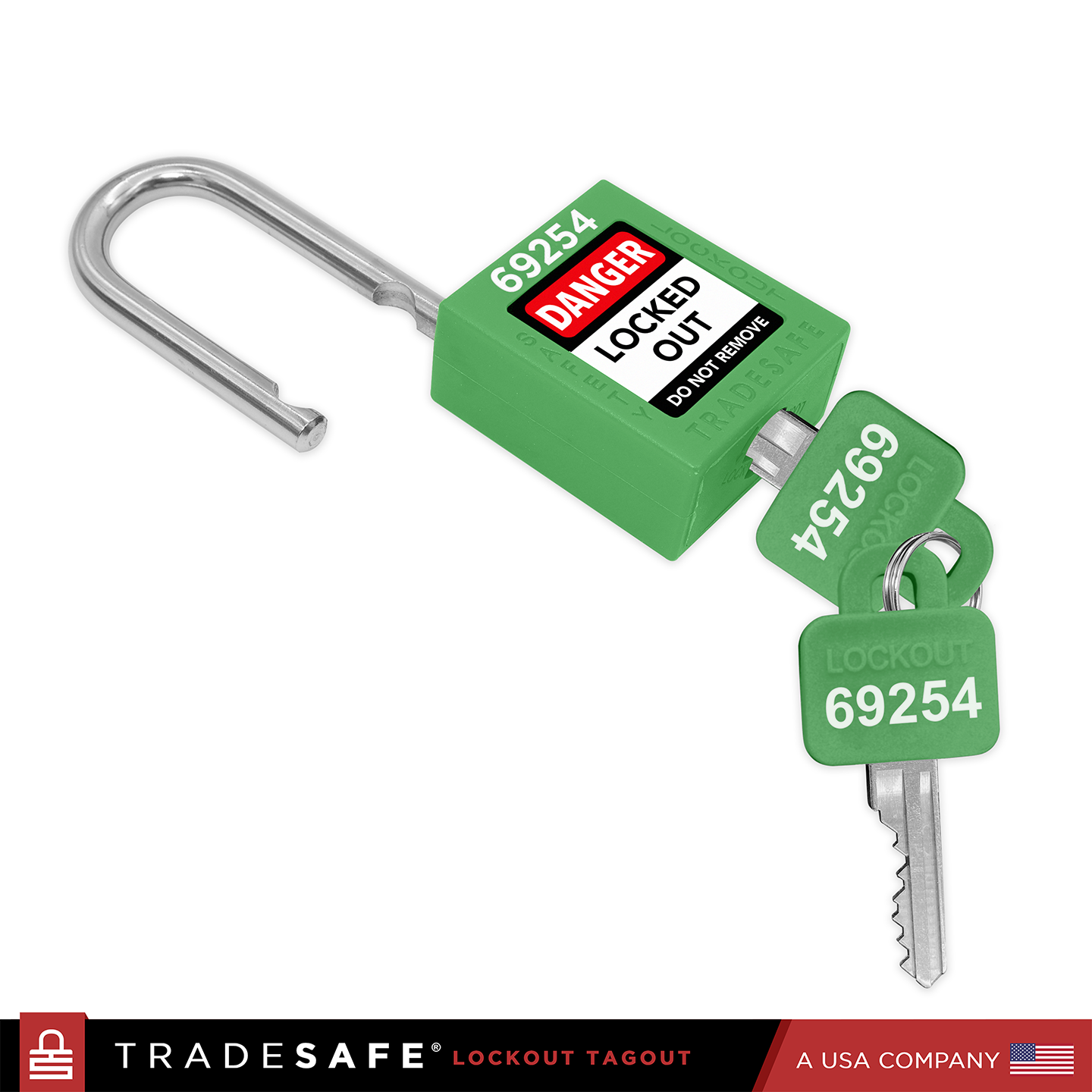 green loto padlock with 2 keys, 1 key inserted