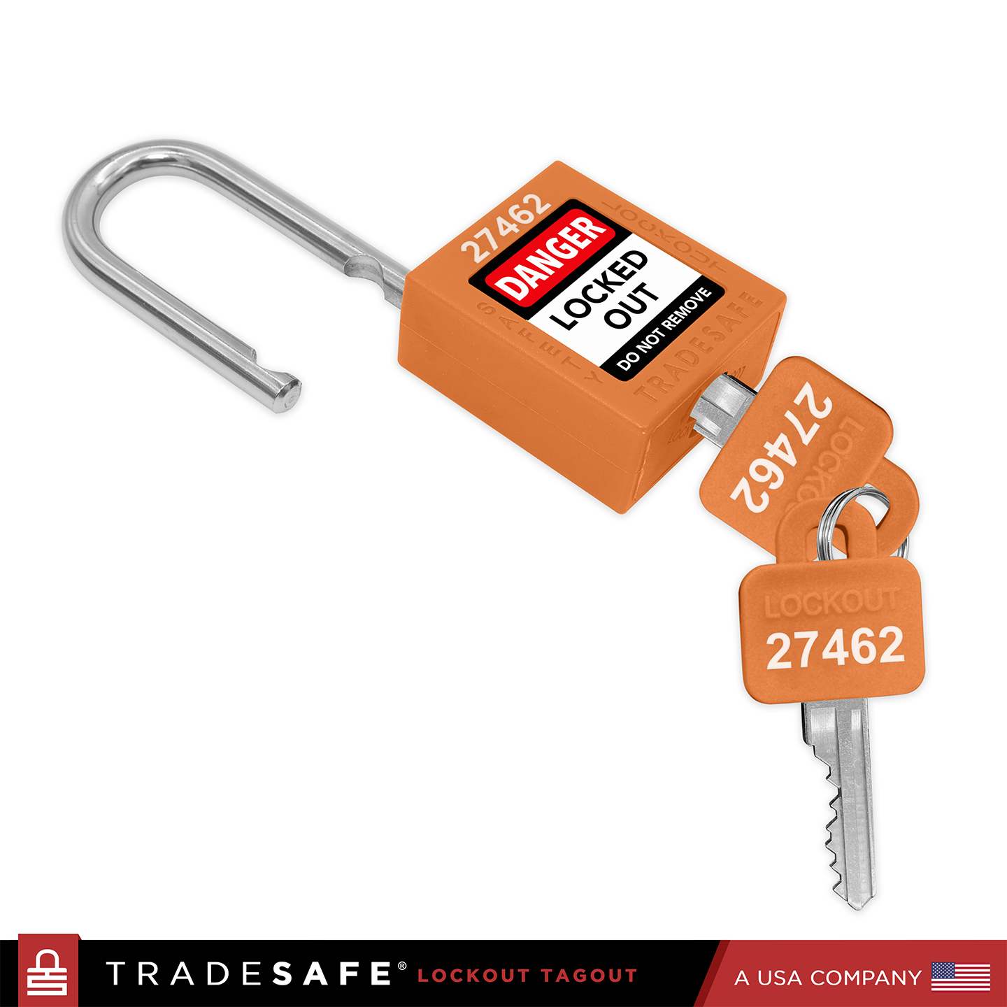 Orange lockout tagout device with key