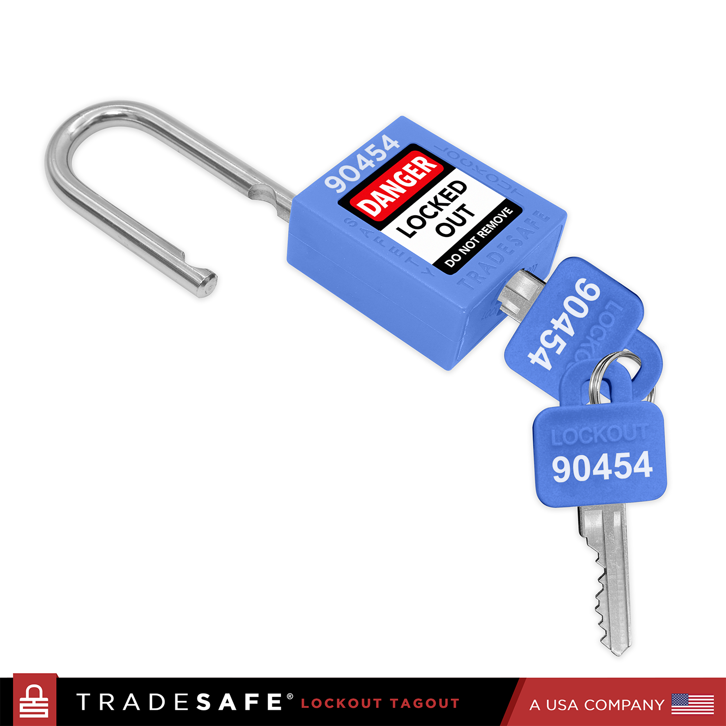 a blue loto padlock with 2 keys, 1 key inserted