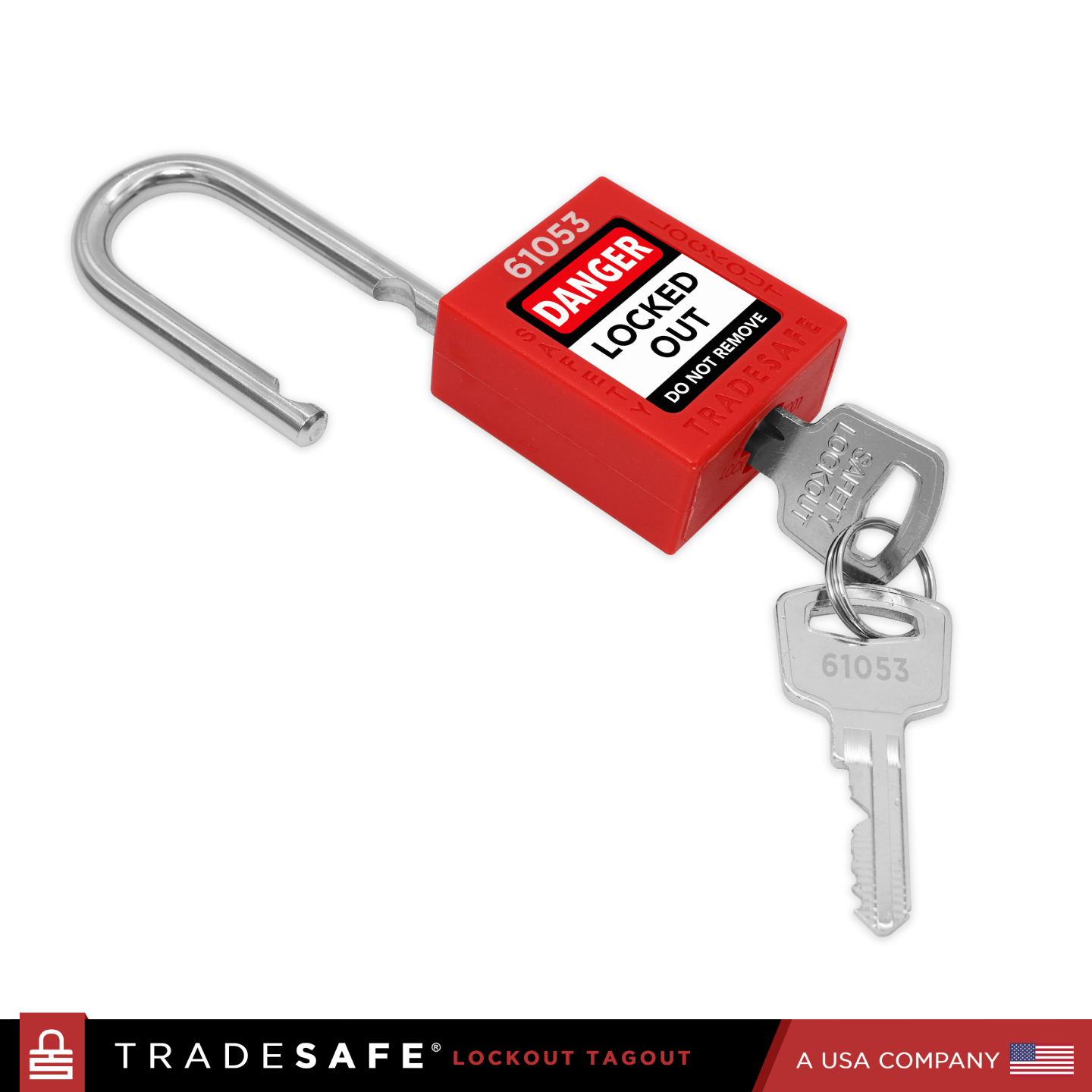 a red loto padlock with 2 keys, 1 key inserted