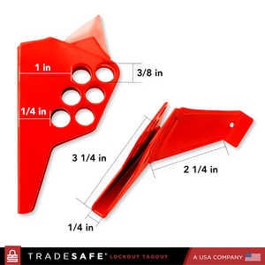 red standard ball valve lockout with six padlock holes showing dimensions of the surface and holes