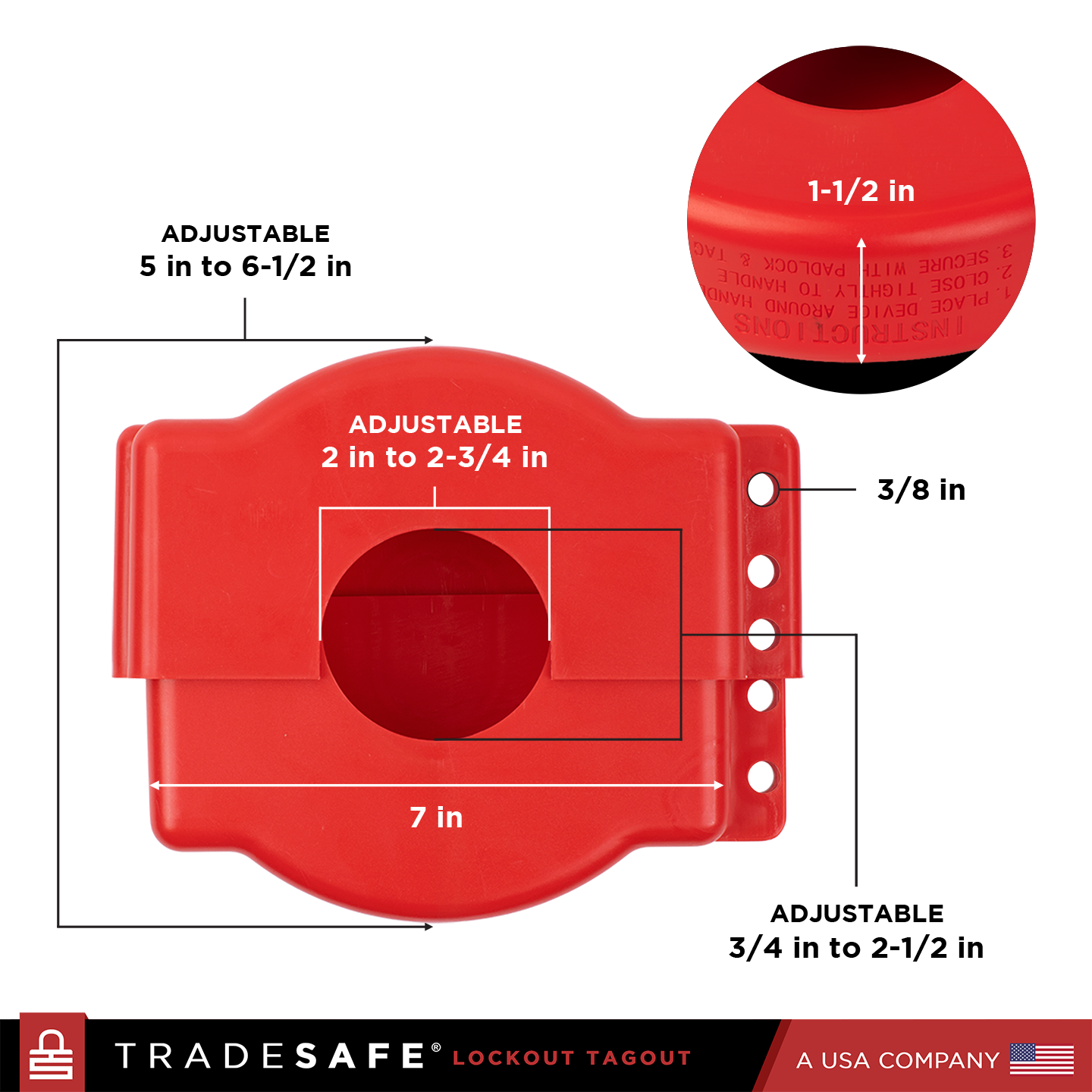 back view of red adjustable gate valve lockout indicating measurement range of the hole and the body