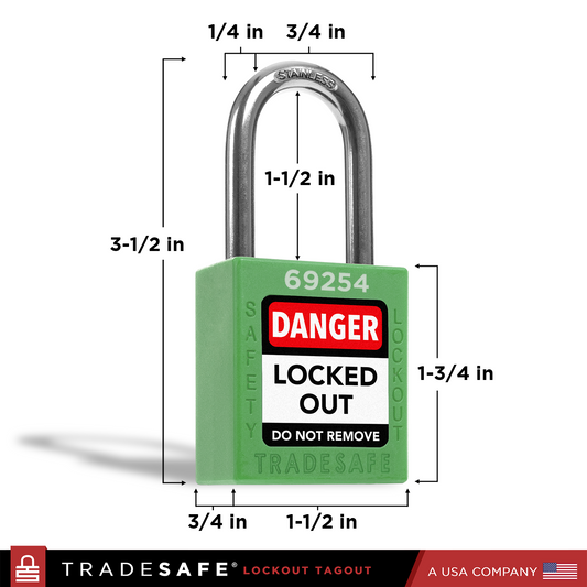a green lockout tagout padlock with dimensions