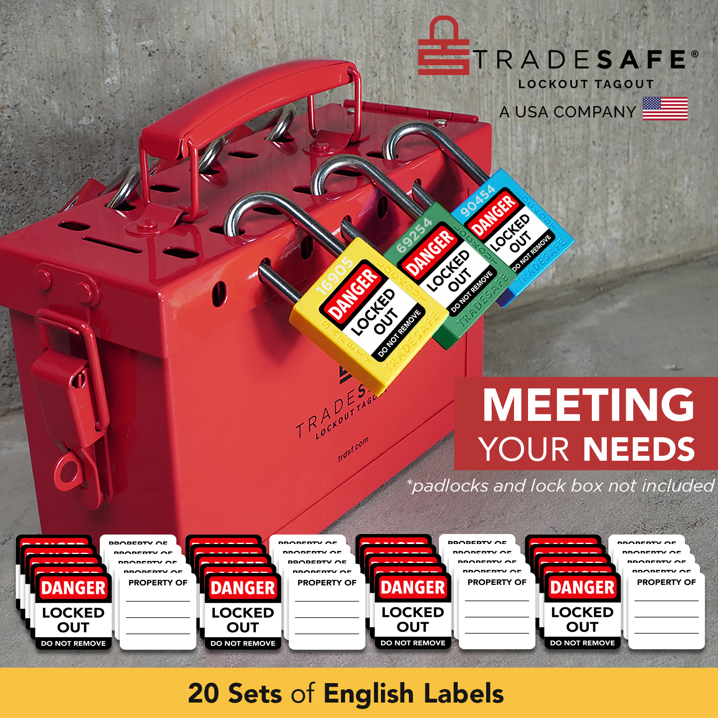 infographic: loto locks in-use in group lockout box; includes 20 sets of english labels