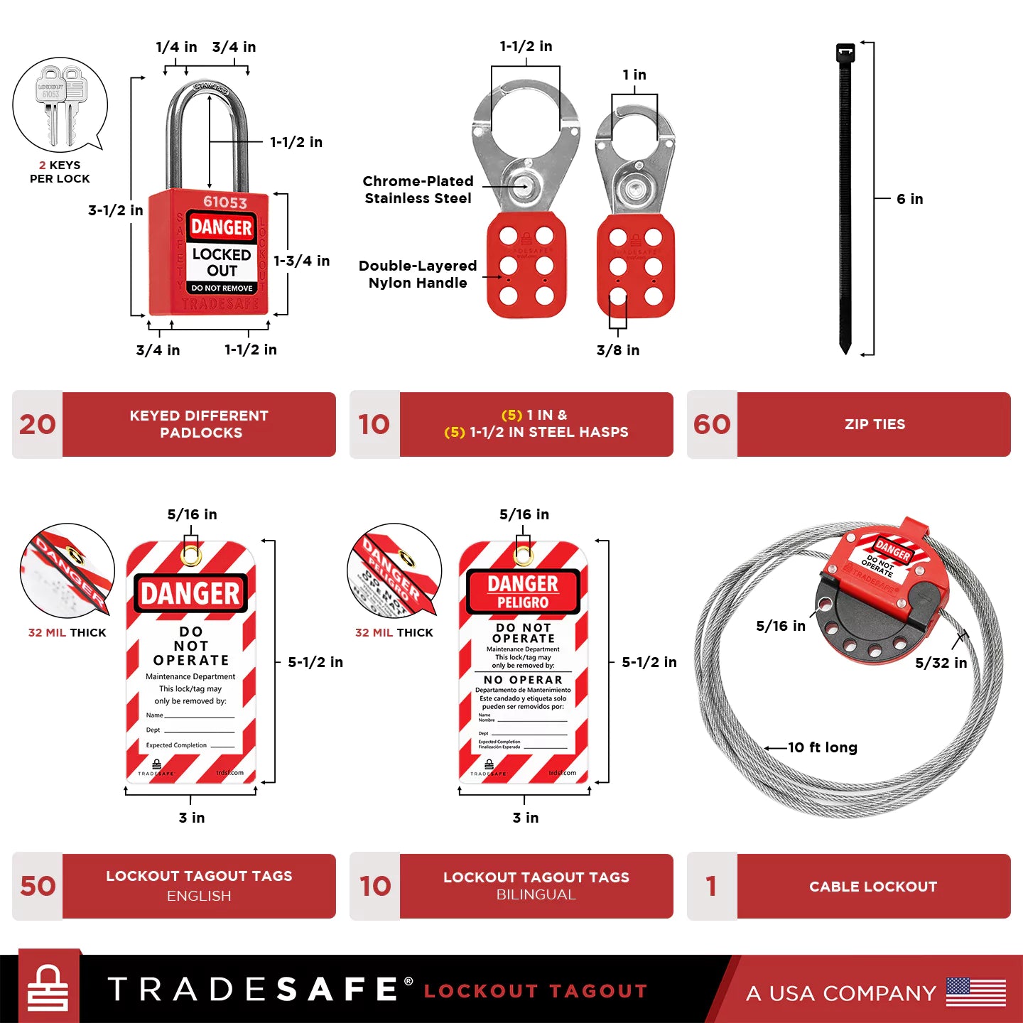 quantity and dimensions of locks, steel hasps, zip ties, tags, and cable lock