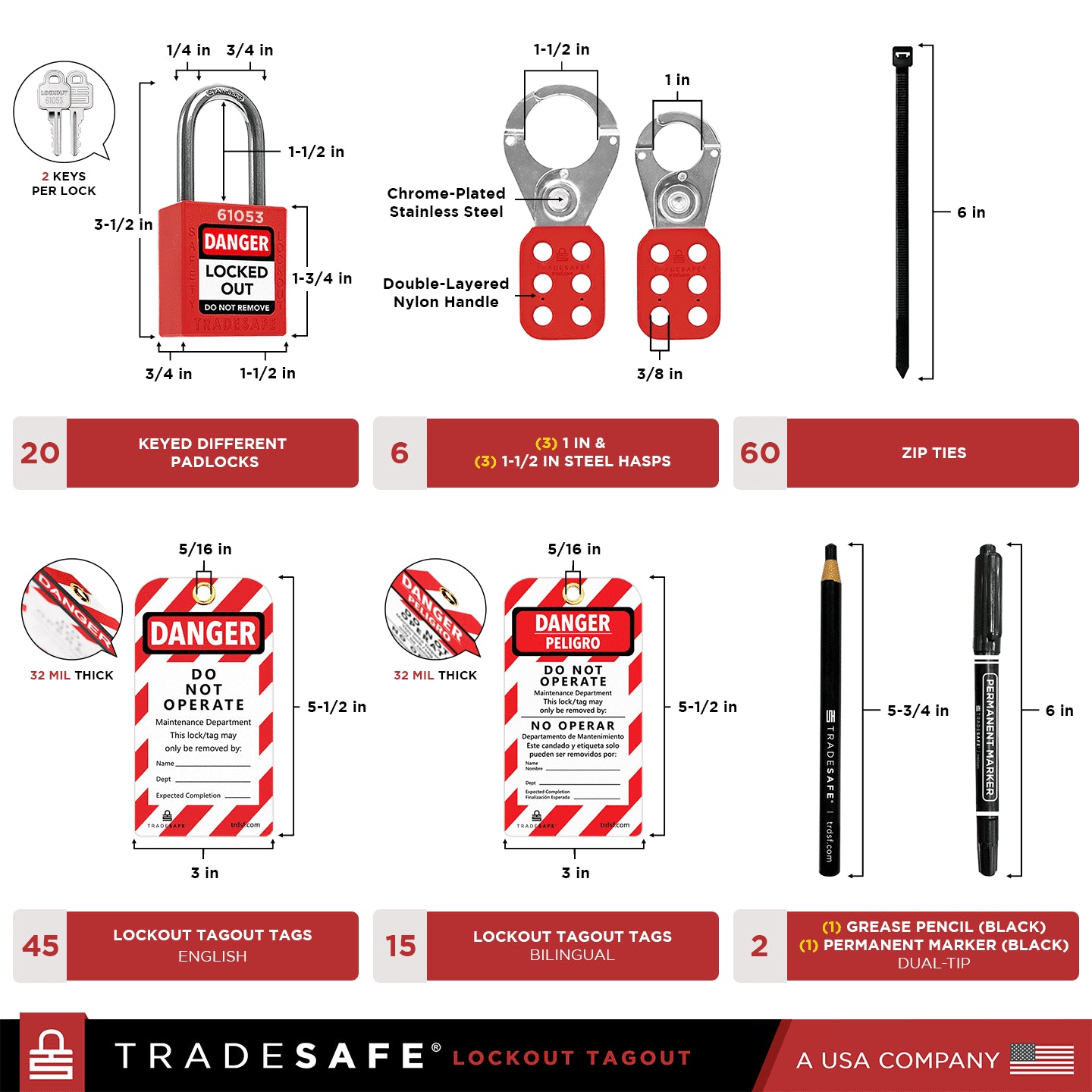 dimensions and quantities of loto locks, hasps, tags, ties, grease pencil, and permanent marker