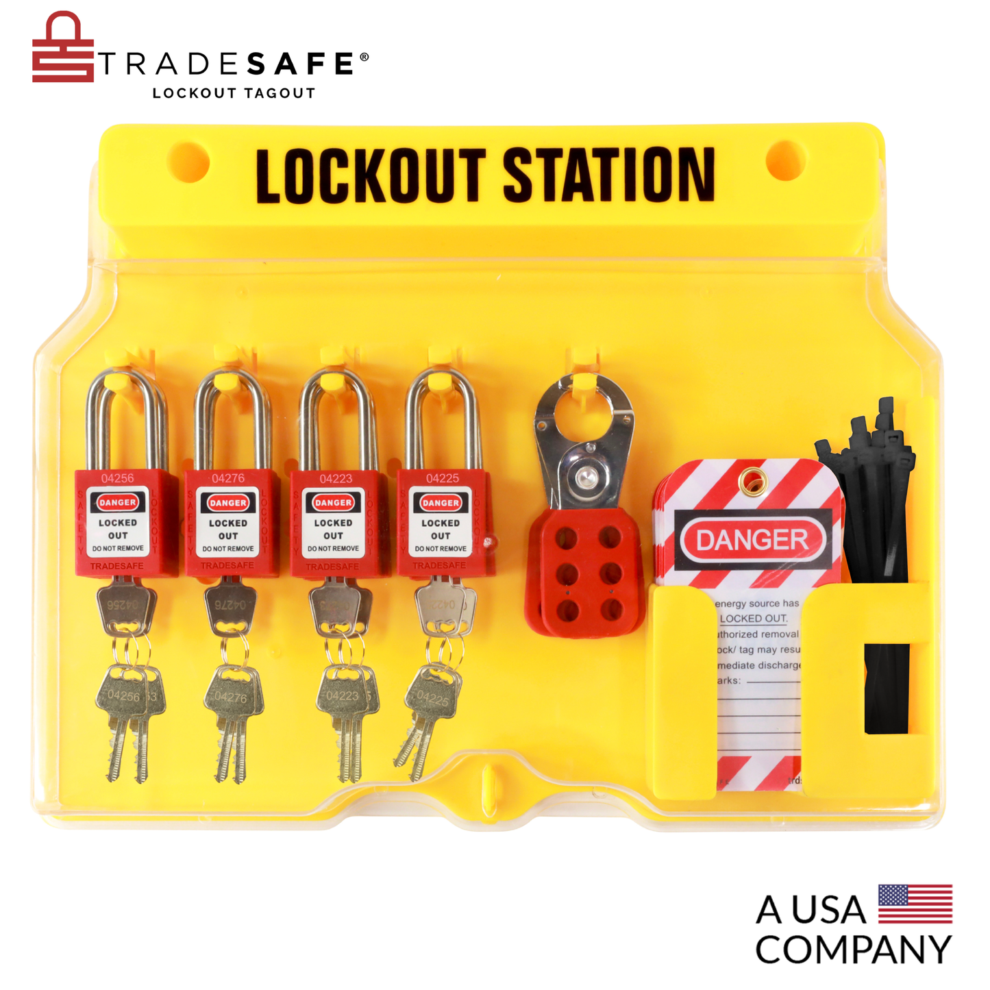 eye-level view of a yellow Lockout Tagout station with its transparent cover closed, stocked with tags, hasps, and padlocks with 2 keys each