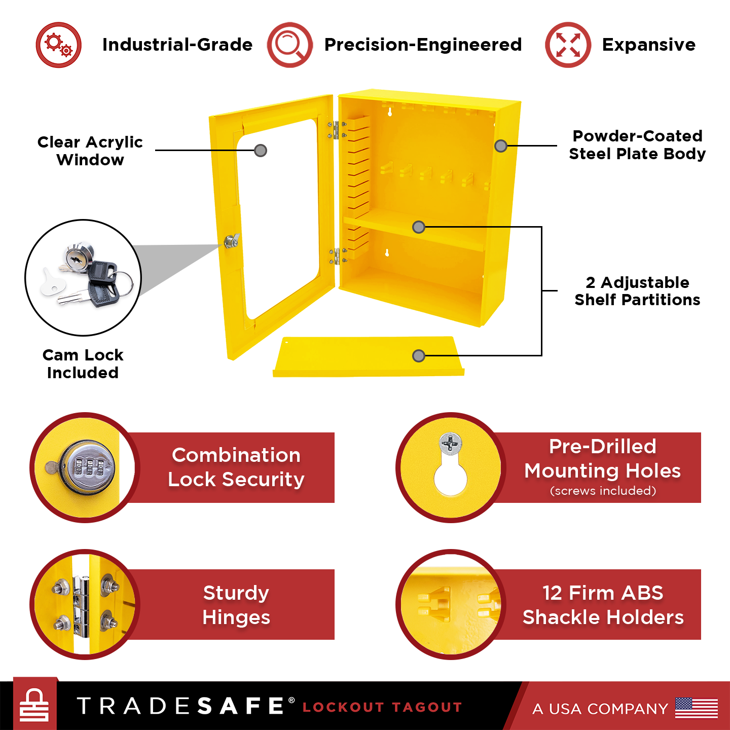 infographic of steel loto cabinet parts: expansive storage space, clear acrylic window, 2 adjustable shelf partitions