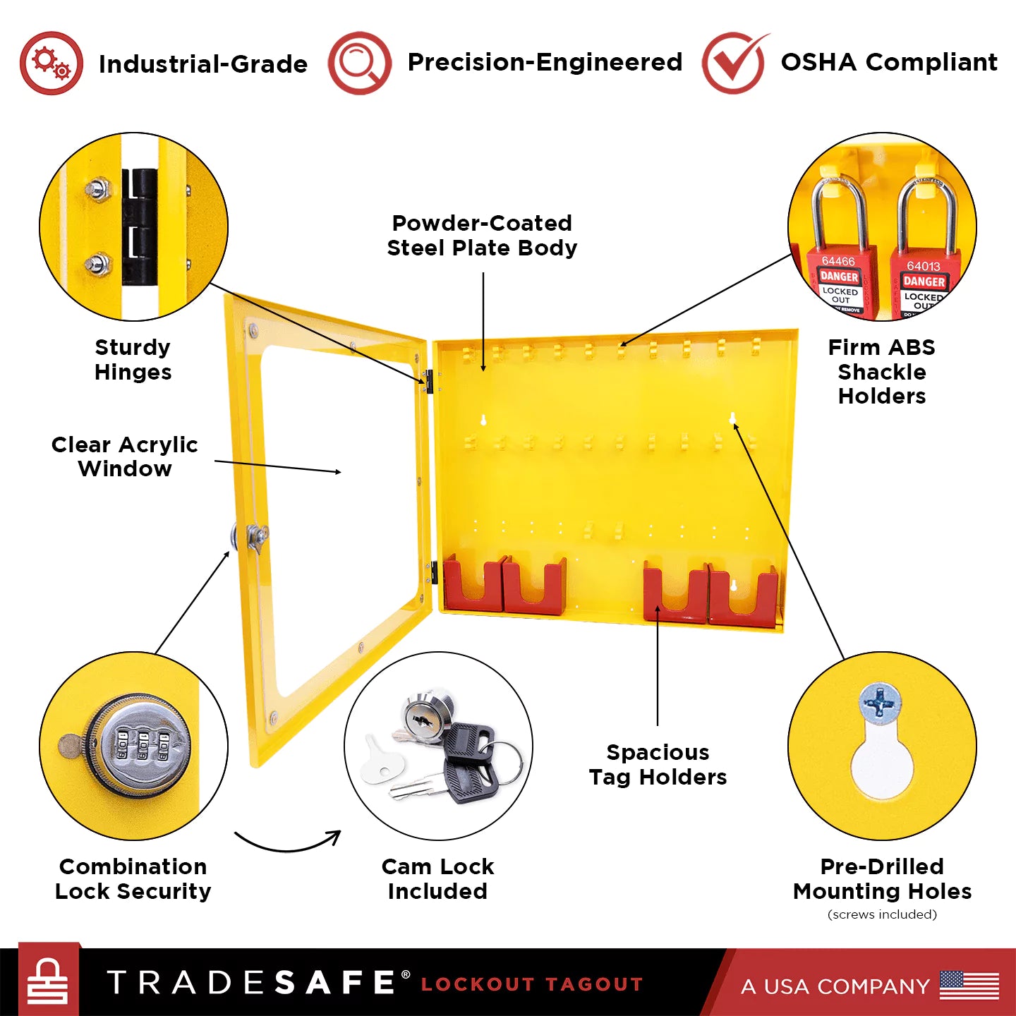 infographic: product features of steel cabinet with combination lock security and cam lock included