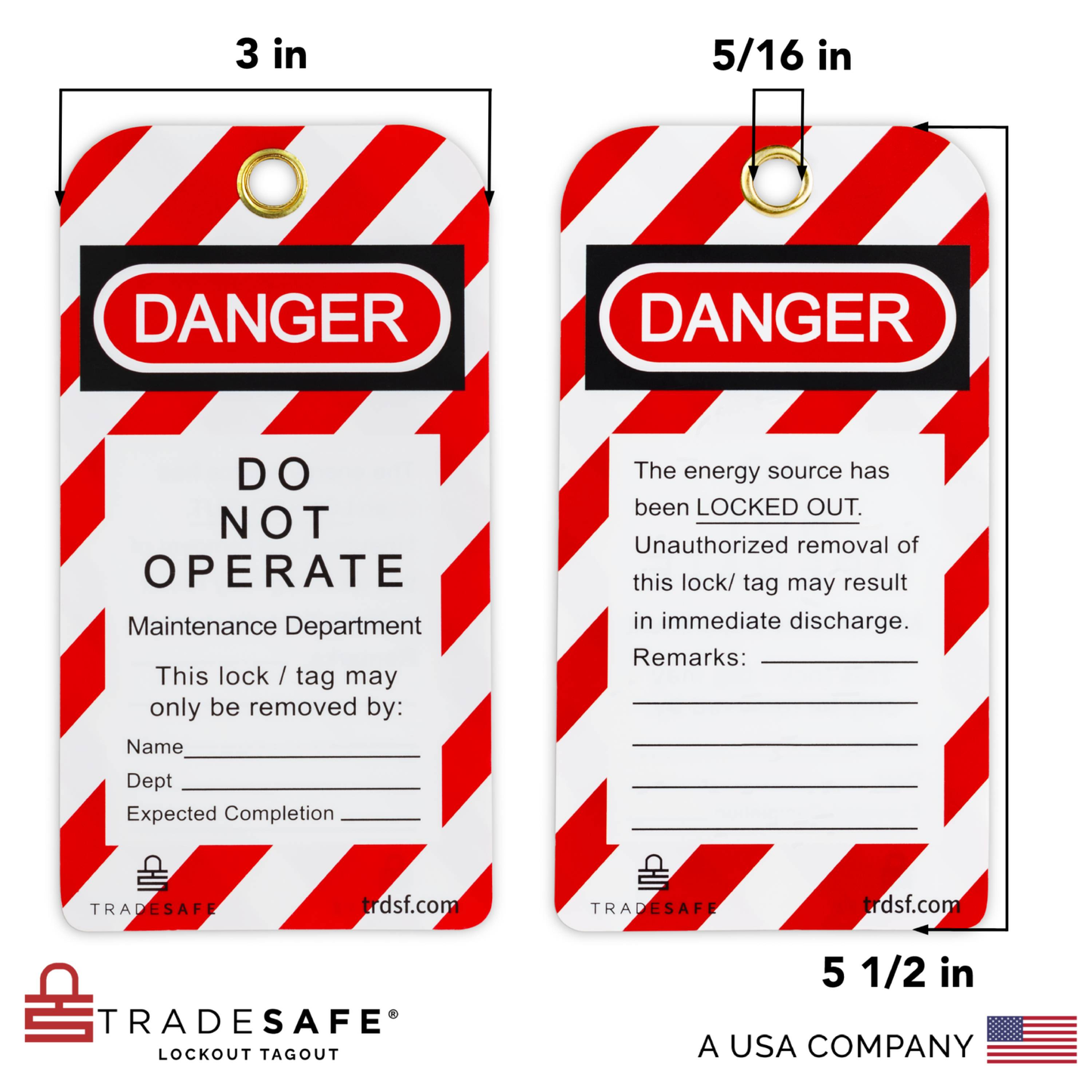 lockout tagout tag with dimensions on the front and backside