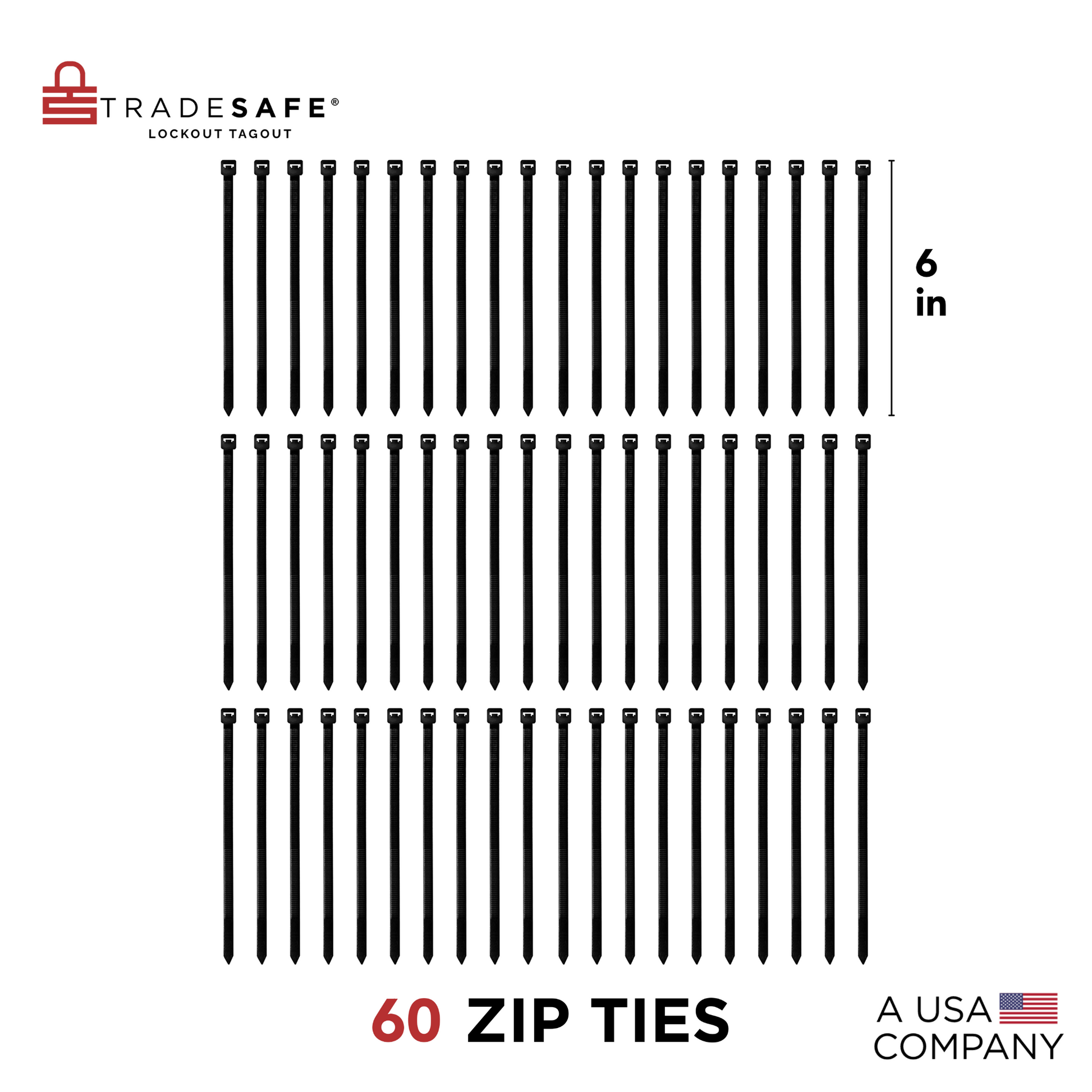 three rows of 6-inch zip ties, each with 20 zip ties aligned