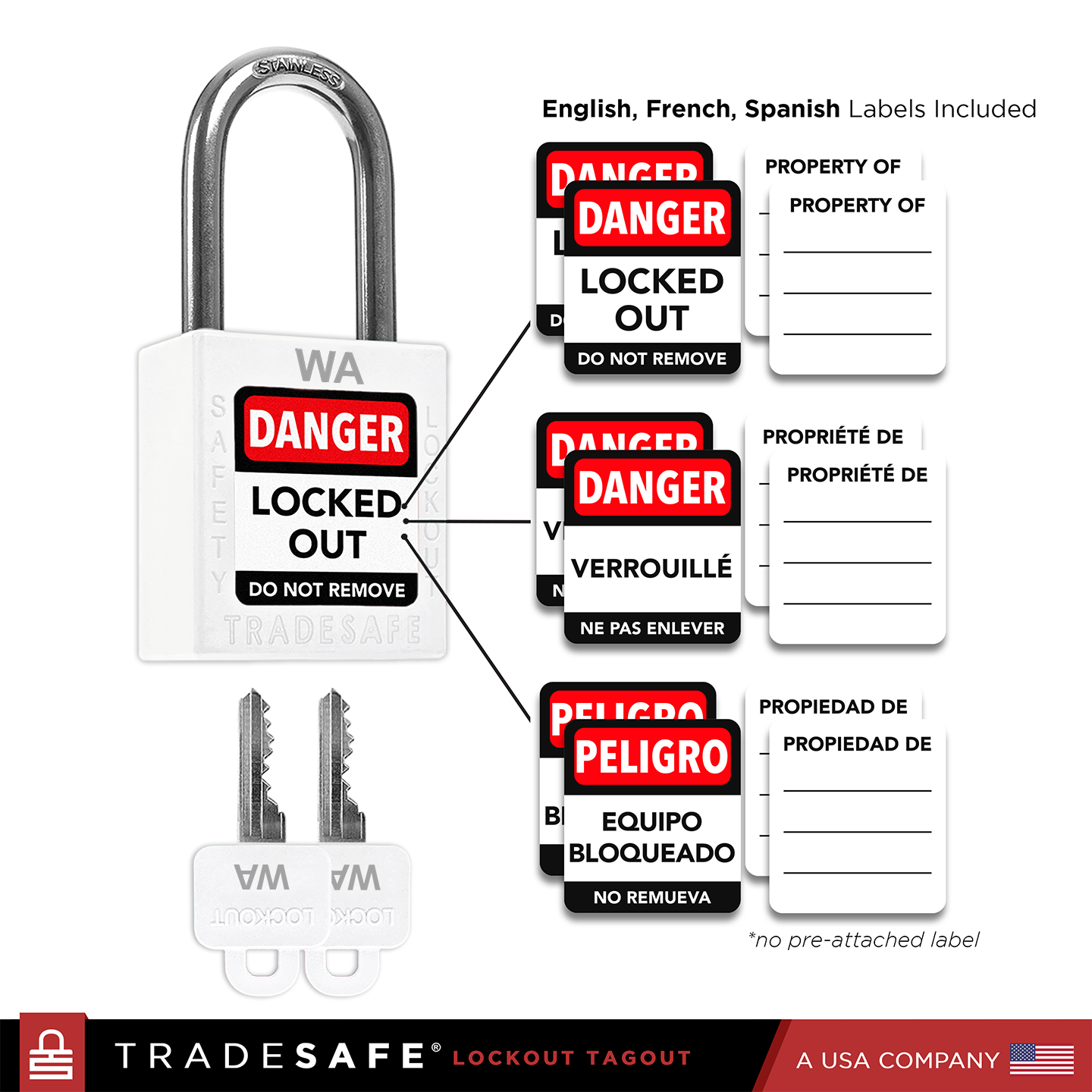 lockout locks with 2 keys and danger labels