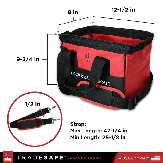 lockout tagout tool bag dimensions: 12-1/2” x 8” x 9-3/4”