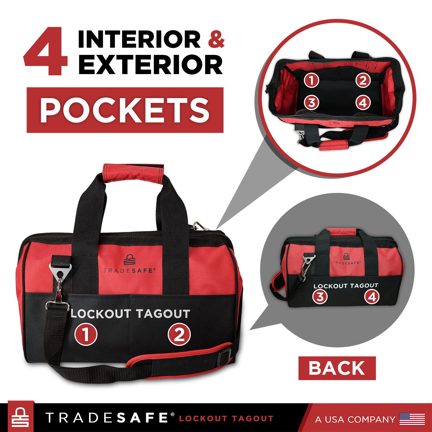 lockout tagout strorage bag with 4 interior and 4 exterior pockets