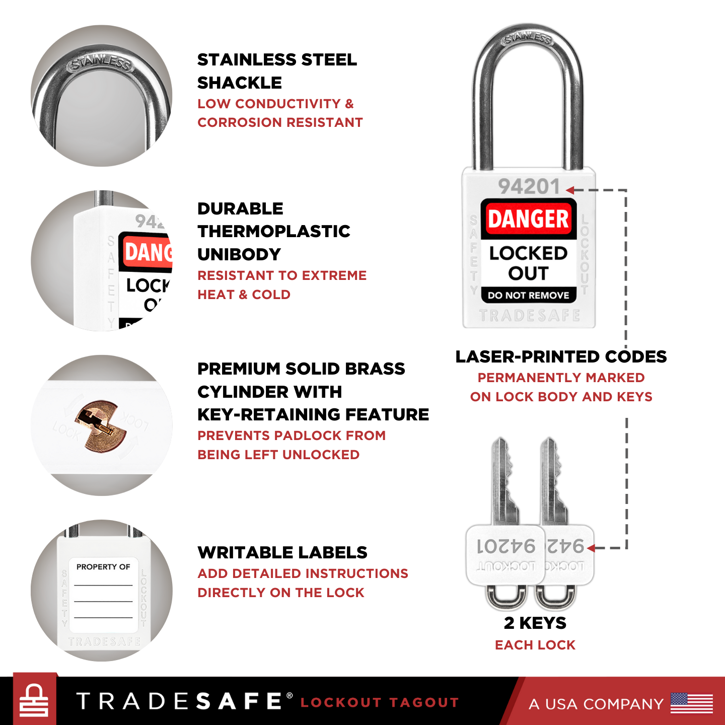 infographic of a white loto lock with 2 keys indicating materials used in each part