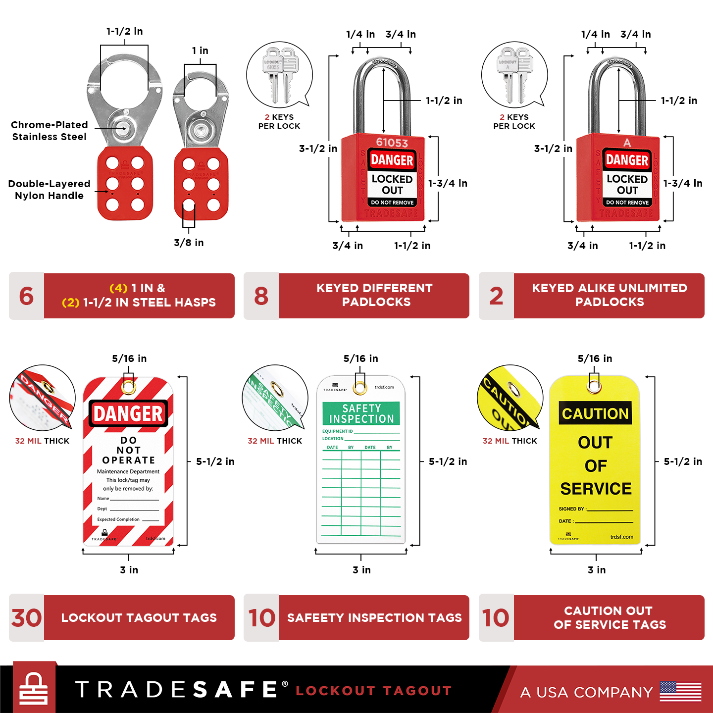 dimensions and quantities of hasps, ties, tags, and locks